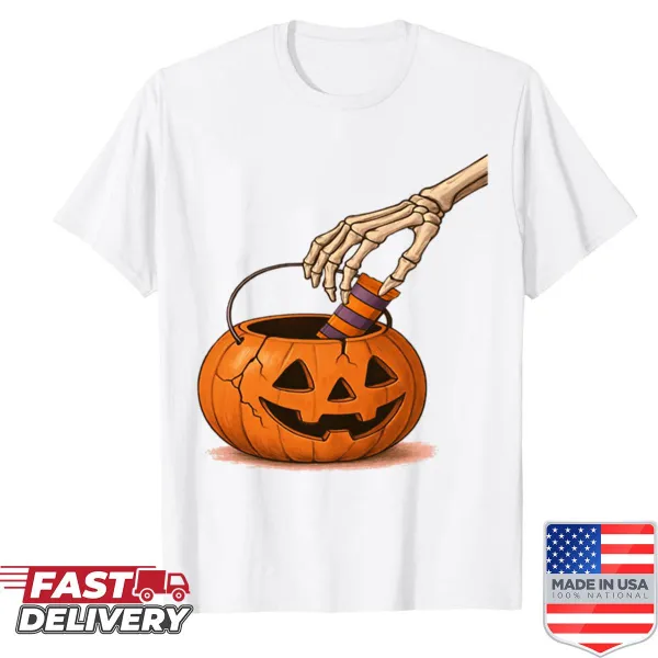 Cute Halloween shirt with a skeleton hand reaching for candy