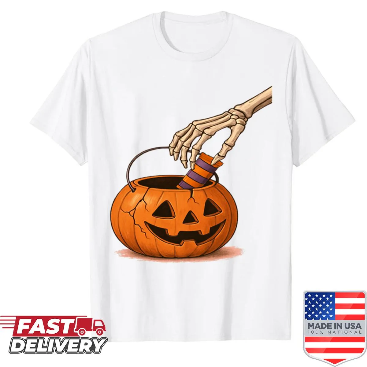 Cute Halloween shirt with a skeleton hand reaching for candy