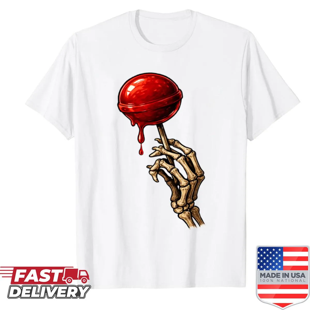 Whimsical shirt featuring skeleton hand holding a lollipop