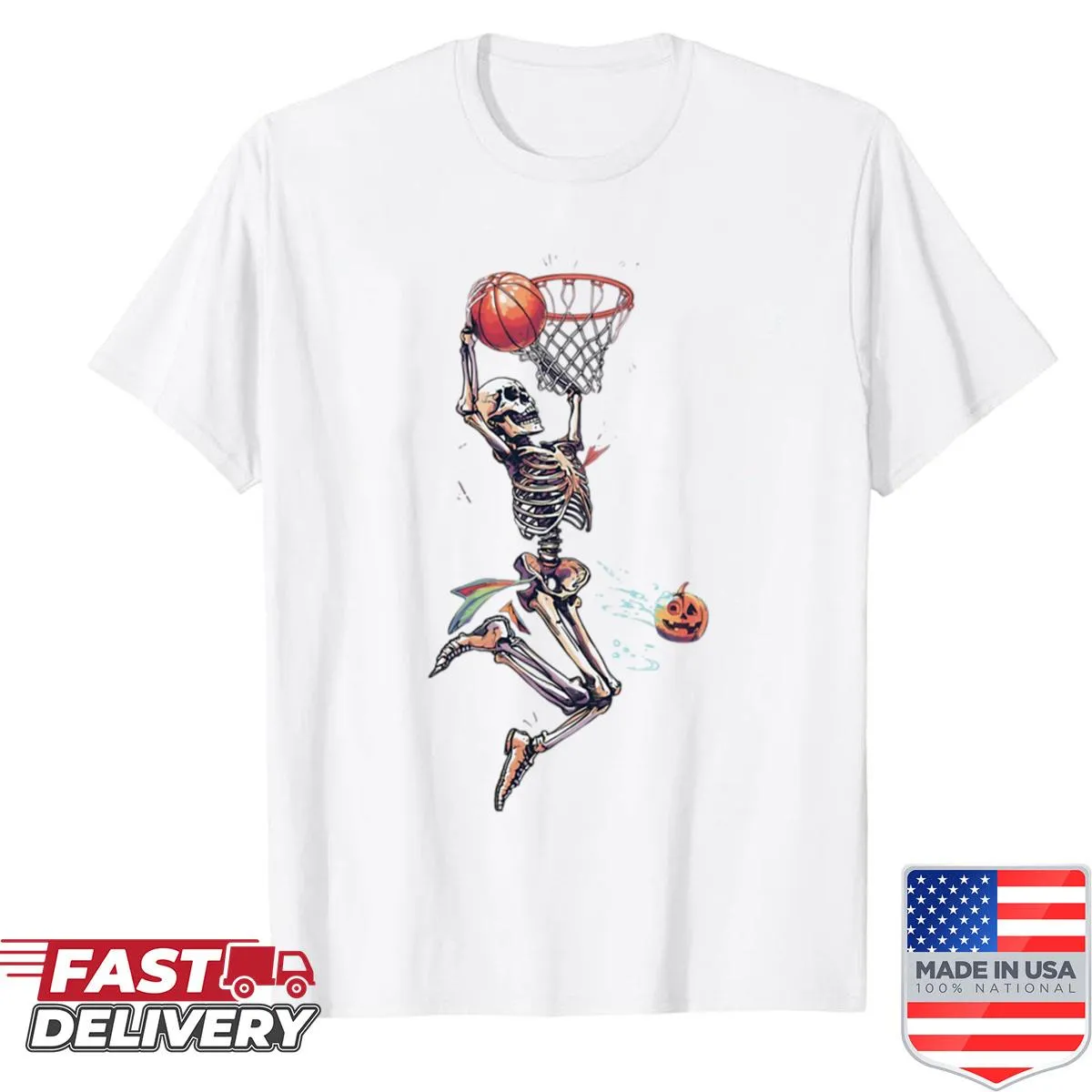 Cartoon skeleton dunking a basketball for Halloween-themed shirt