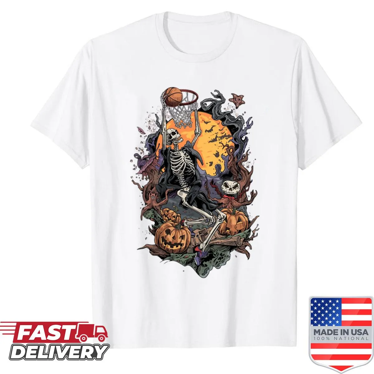 Cartoon skeleton dunking graphic shirt for Halloween