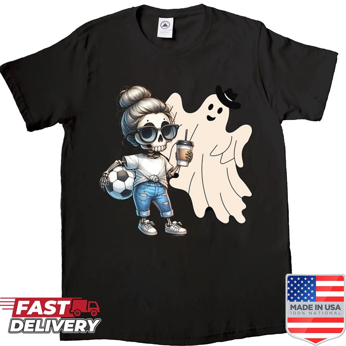 Illustrated shirt of a skeleton woman with a ball and a ghost for Halloween