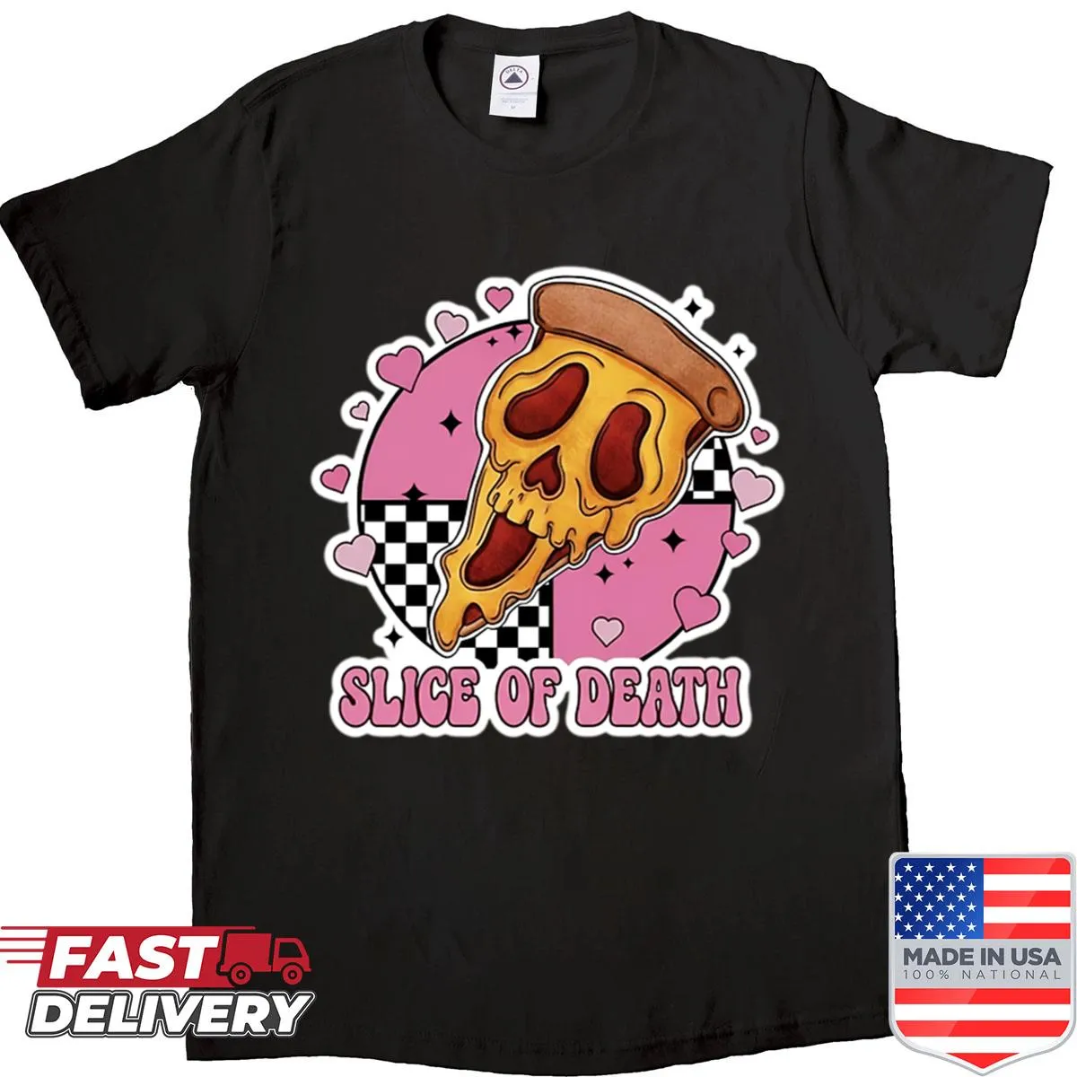 Graphic of a pizza slice with a skull design