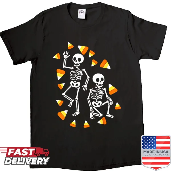 Humorous Halloween skeleton shirt featuring a comical Trump-like figure