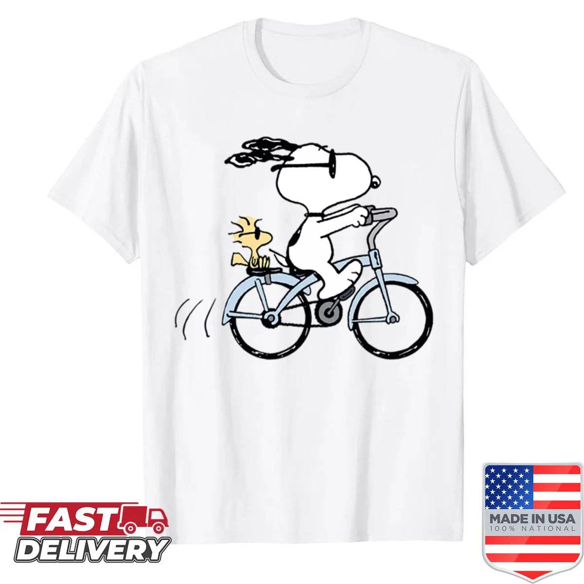 Vintage cartoon of Snoopy riding a bike on a shirt