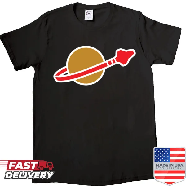 Sleek space logo design on an active shirt