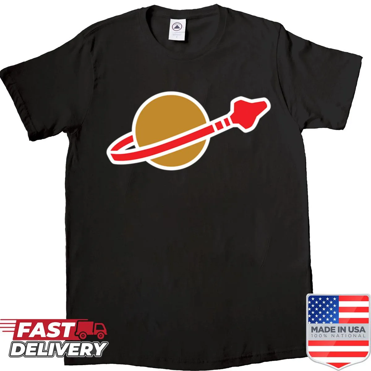 Sleek space logo design on an active shirt