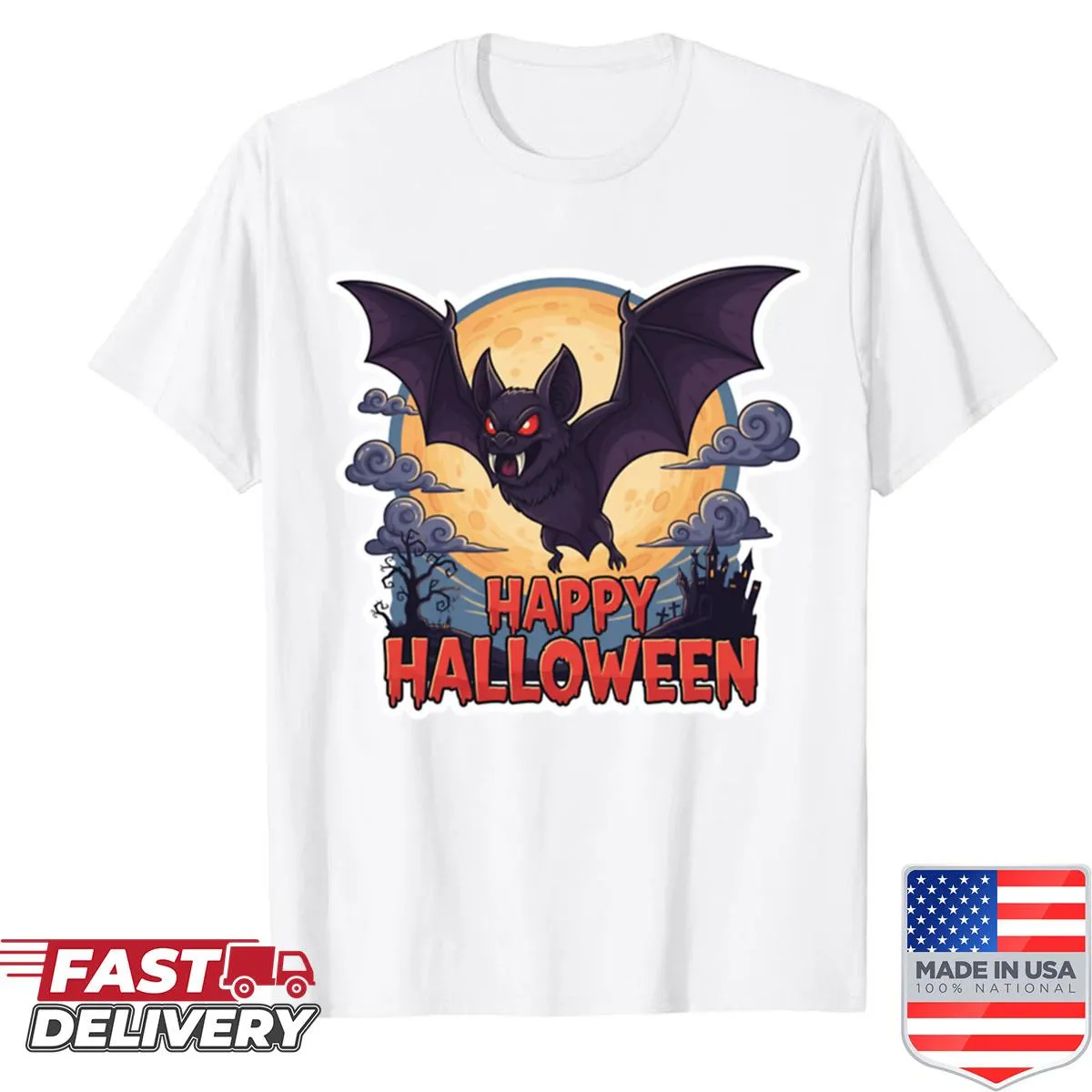Boxy shirt with a cartoon bat design for Halloween celebrations