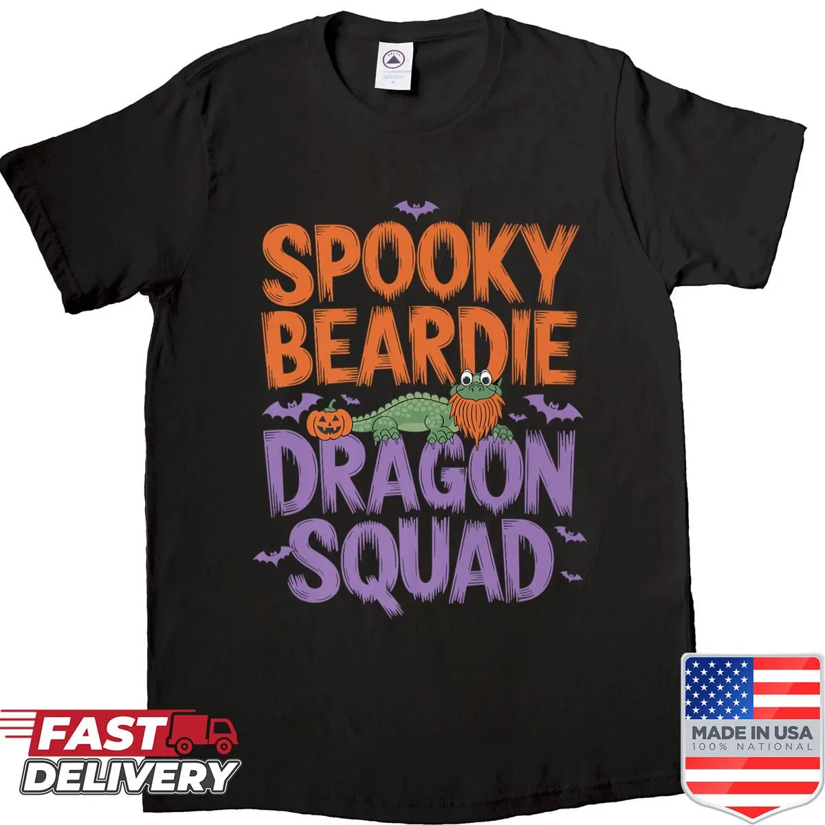 Halloween-themed shirt featuring spooky bearded dragons in a dragon squad design