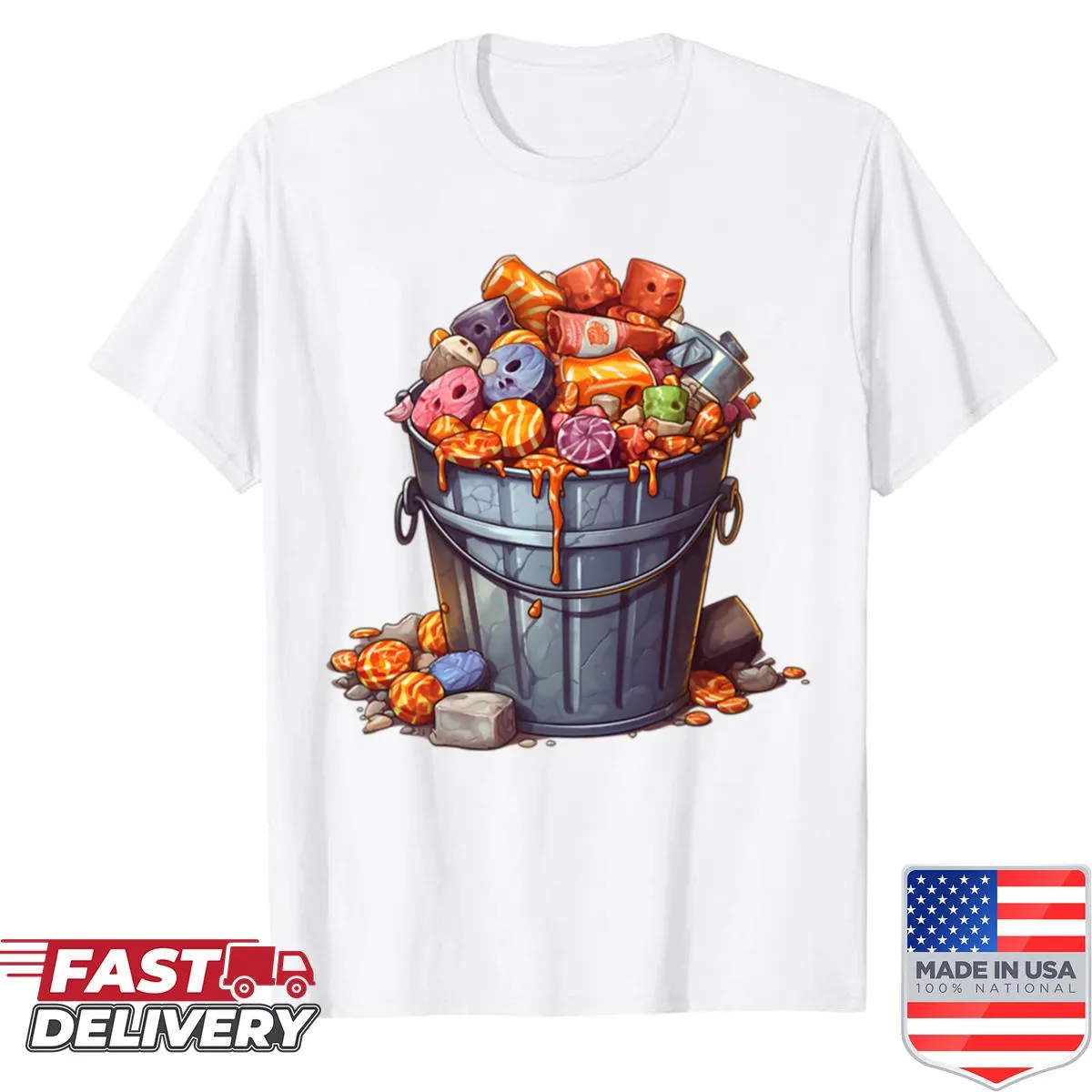 Oversized shirt featuring a whimsical candy bucket graphic for Halloween.
