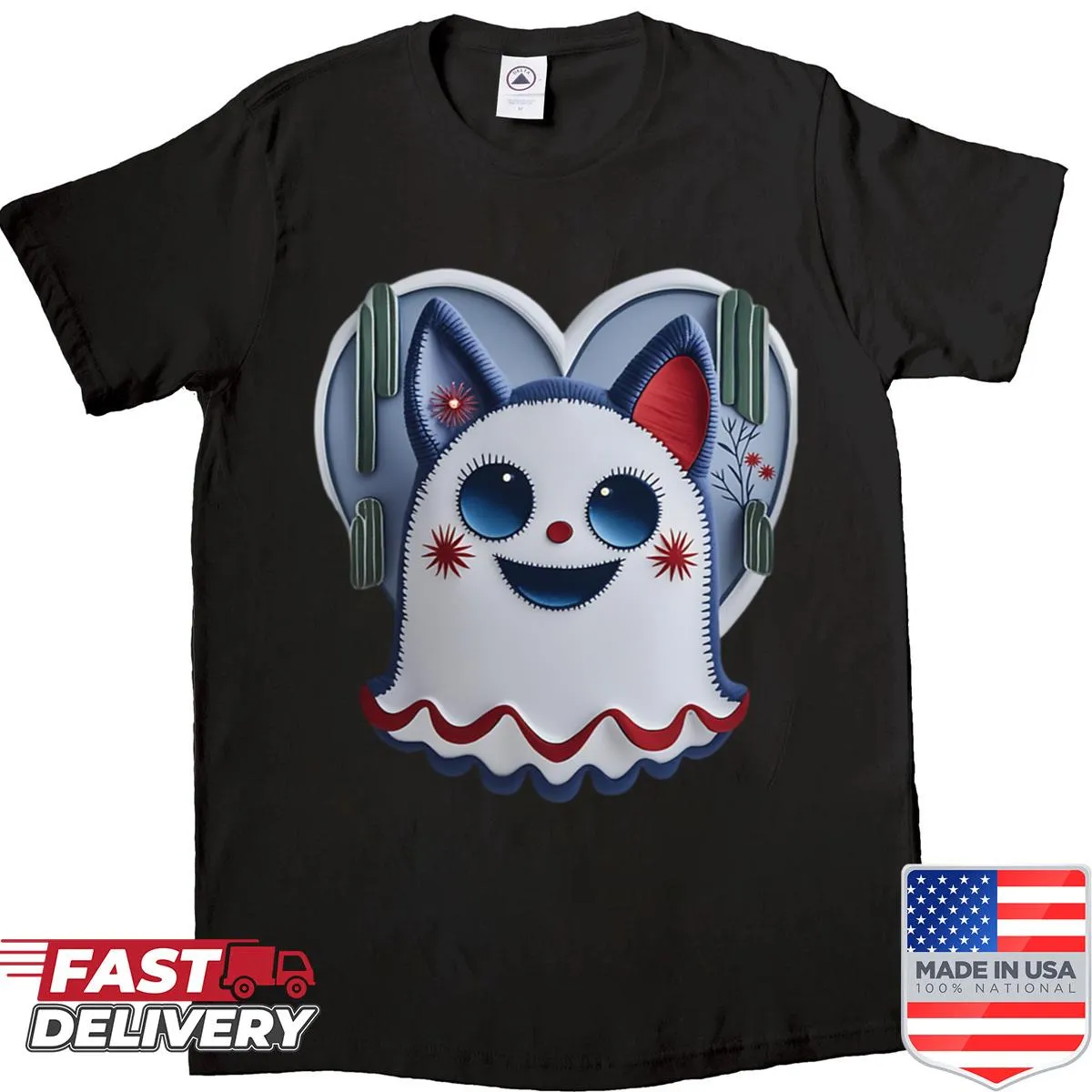 Adorable ghost cat graphic T-shirt with a heart and cactus