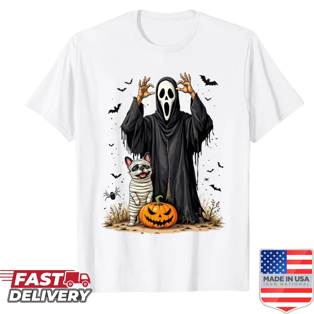 Illustration of a French Bulldog as a mummy ghost on a shirt