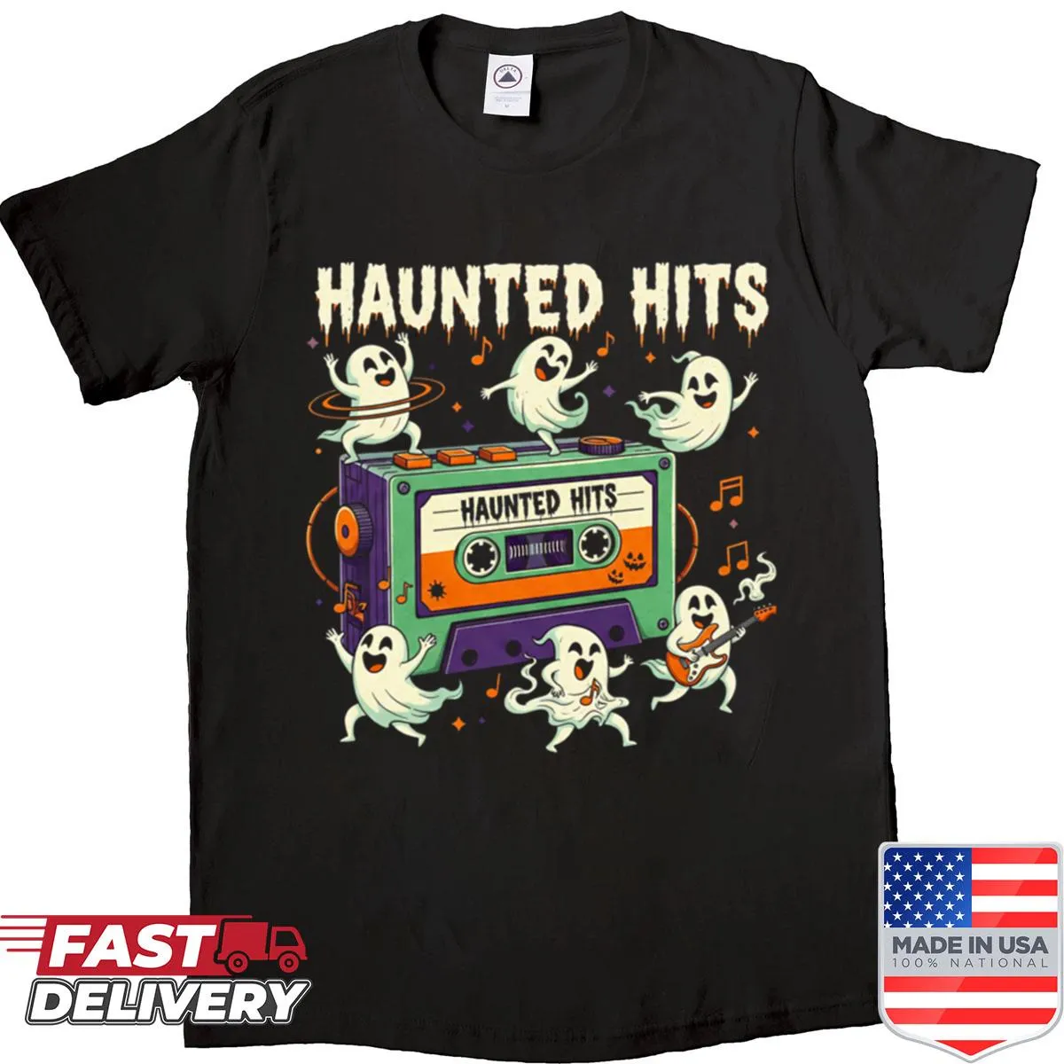 Retro cassette tape shirt with spooky music theme