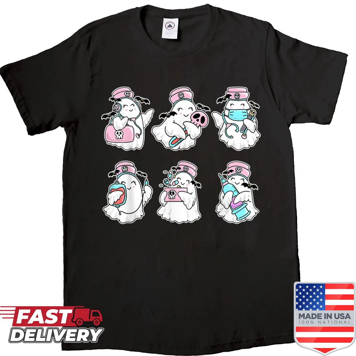 Cartoon ghost in nursing scrubs for Halloween shirt