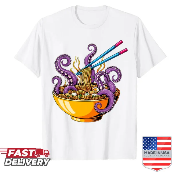 Unique shirt featuring a spooky octopus and ramen bowl design.