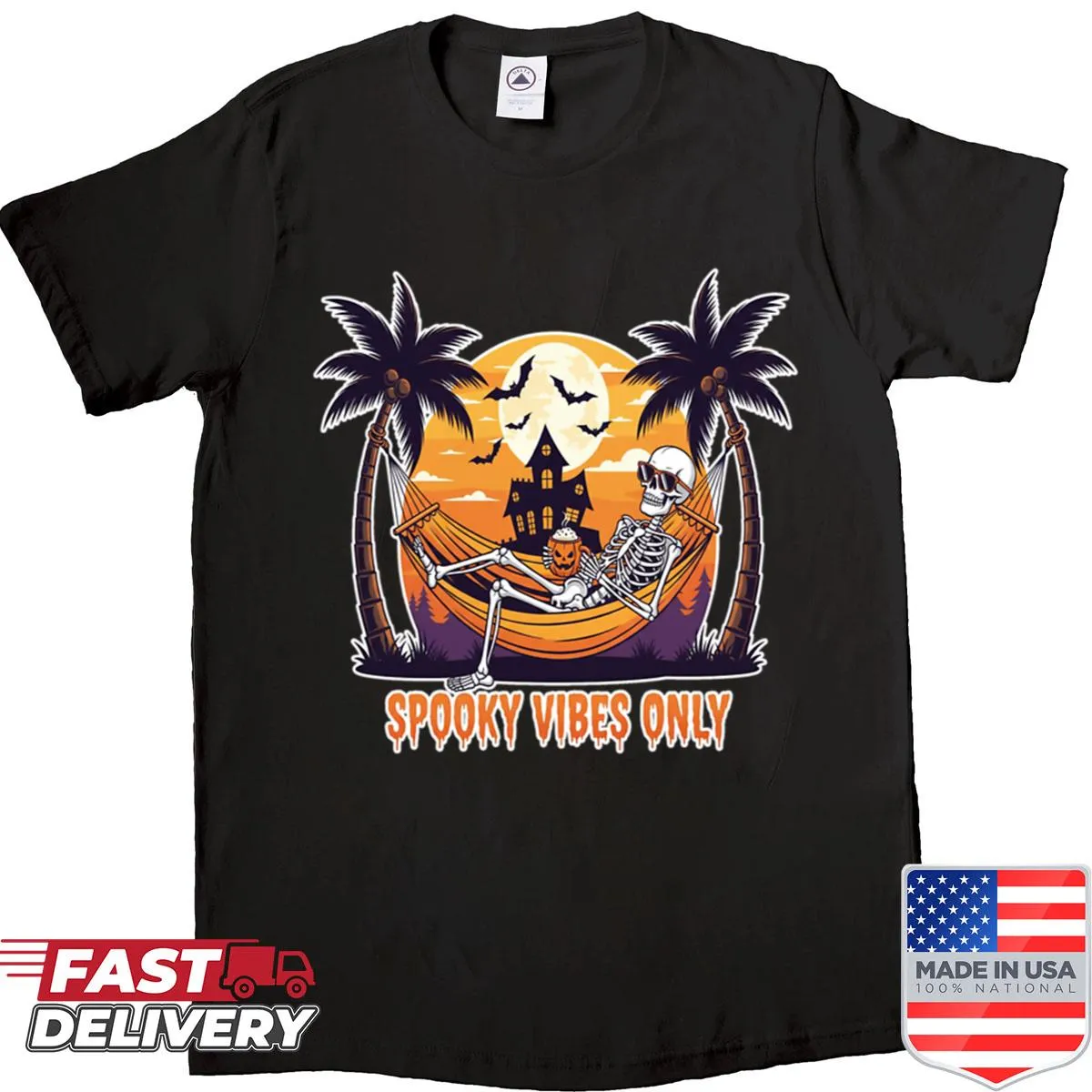 Cartoon skeleton relaxing in a hammock for Halloween shirt