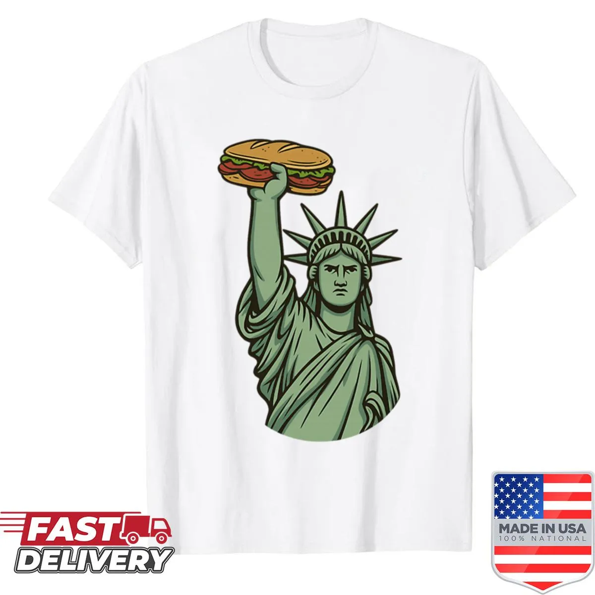 Cartoon shirt featuring the Statue of Liberty and a salami sandwich