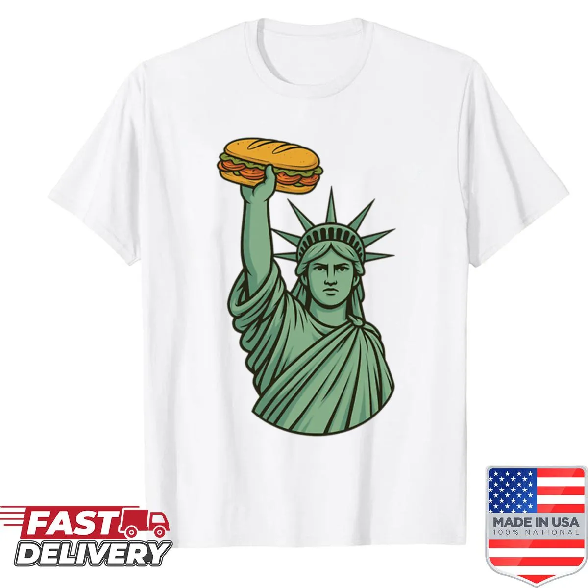 Cartoon Statue of Liberty holding a salami sandwich