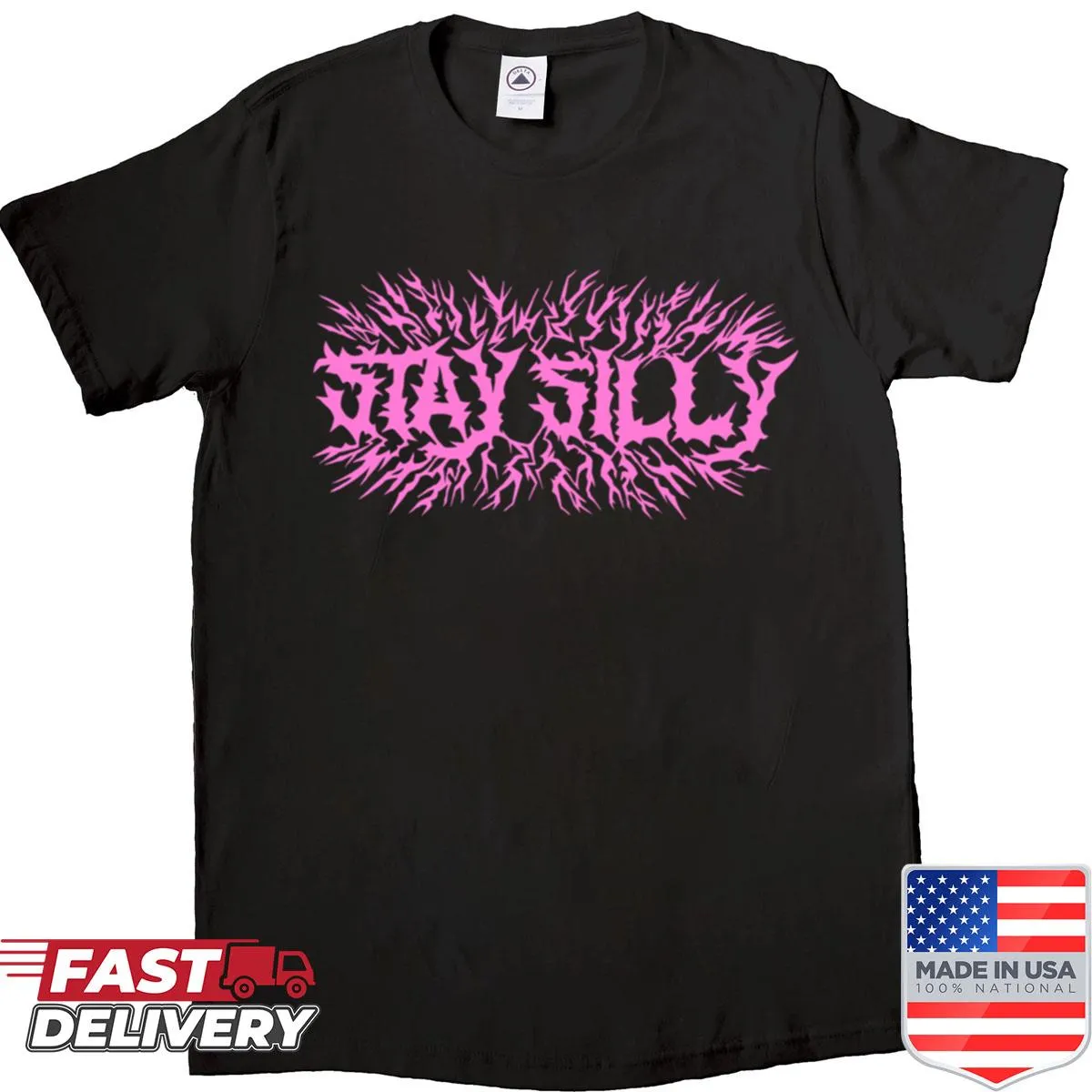 Playful 'Stay Silly' text graphic on oversized shirt