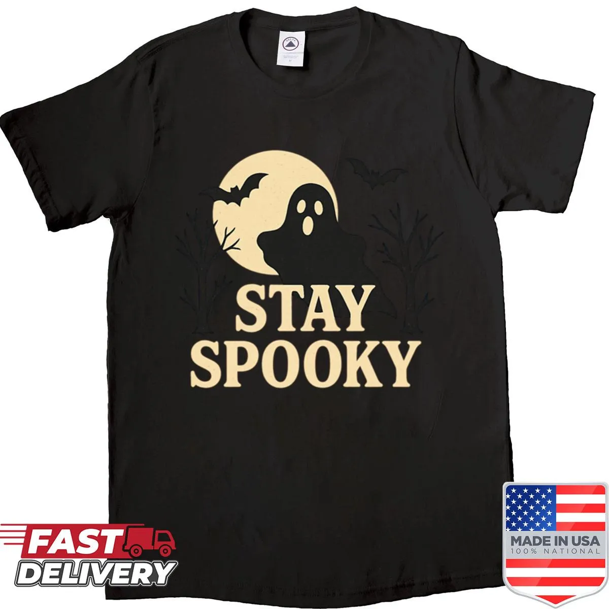 Vintage Halloween shirt featuring ghost and bat graphics in distressed style
