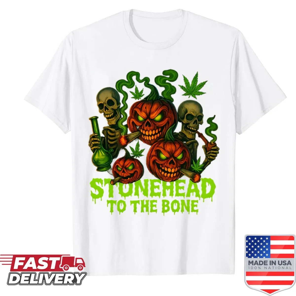 Graphic t-shirt with a demon, pumpkins, and skeletons