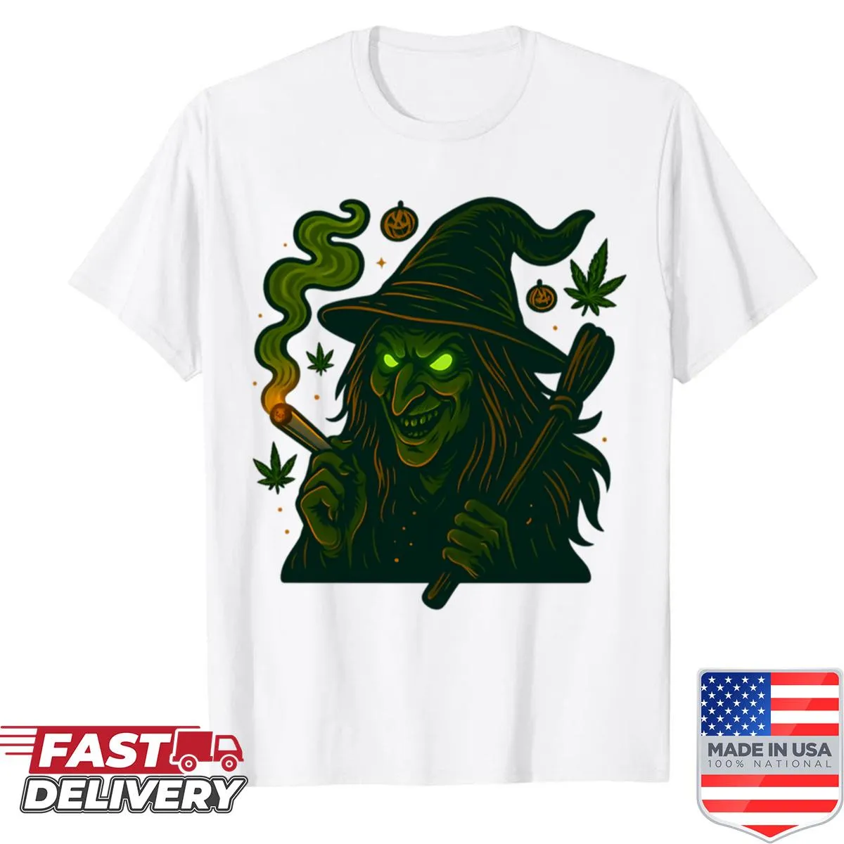 Glow-in-the-dark Halloween shirt featuring a witch and cannabis leaves