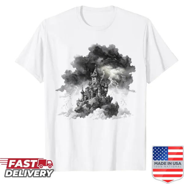 Dark fantasy shirt featuring a gothic castle and lightning art