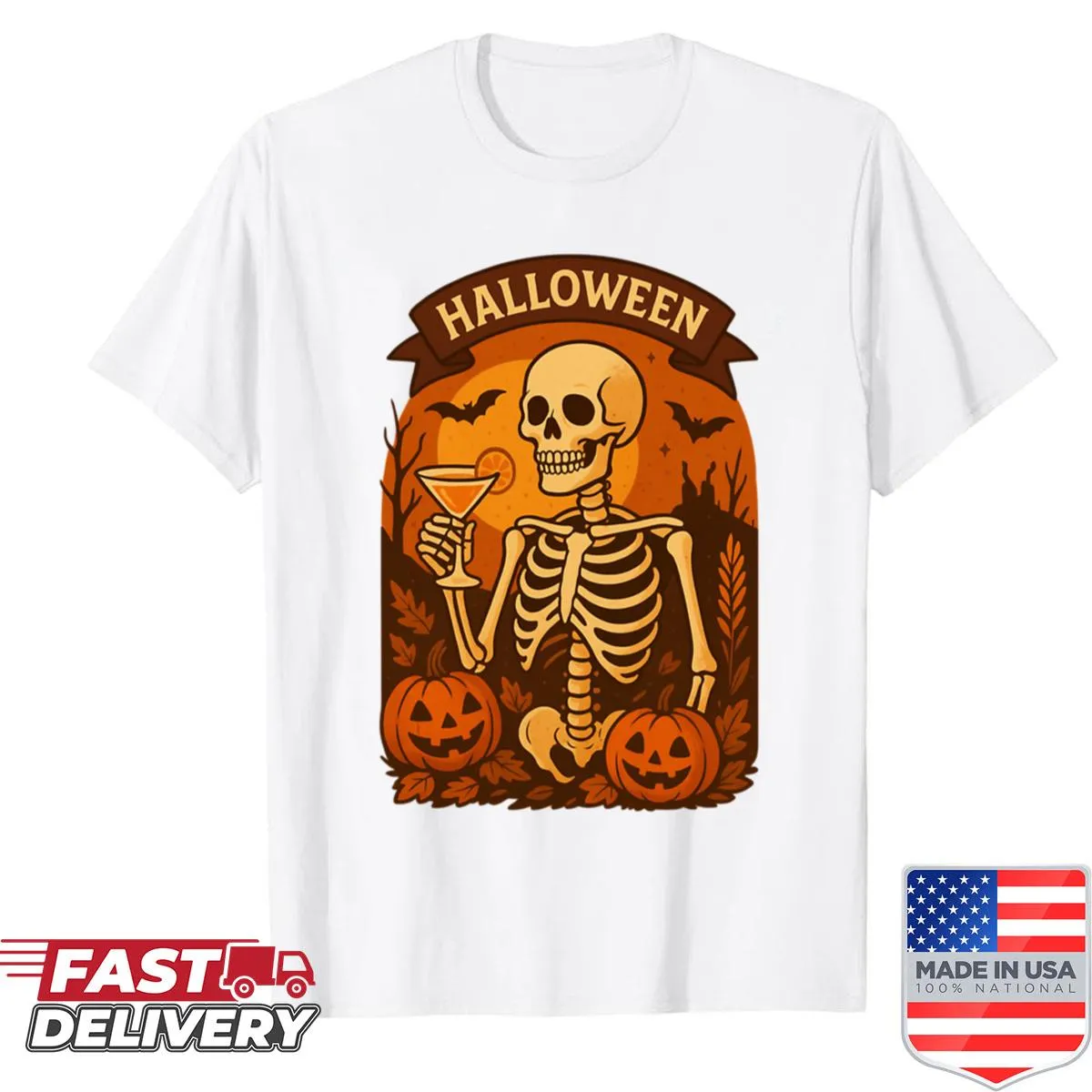 Skeleton holding a cocktail on Halloween-themed shirt
