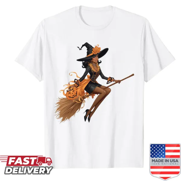 Halloween shirt featuring a stylish witch and pumpkin design
