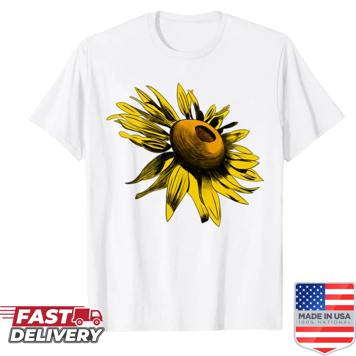 Floral sunflower graphic on an oversized casual shirt.