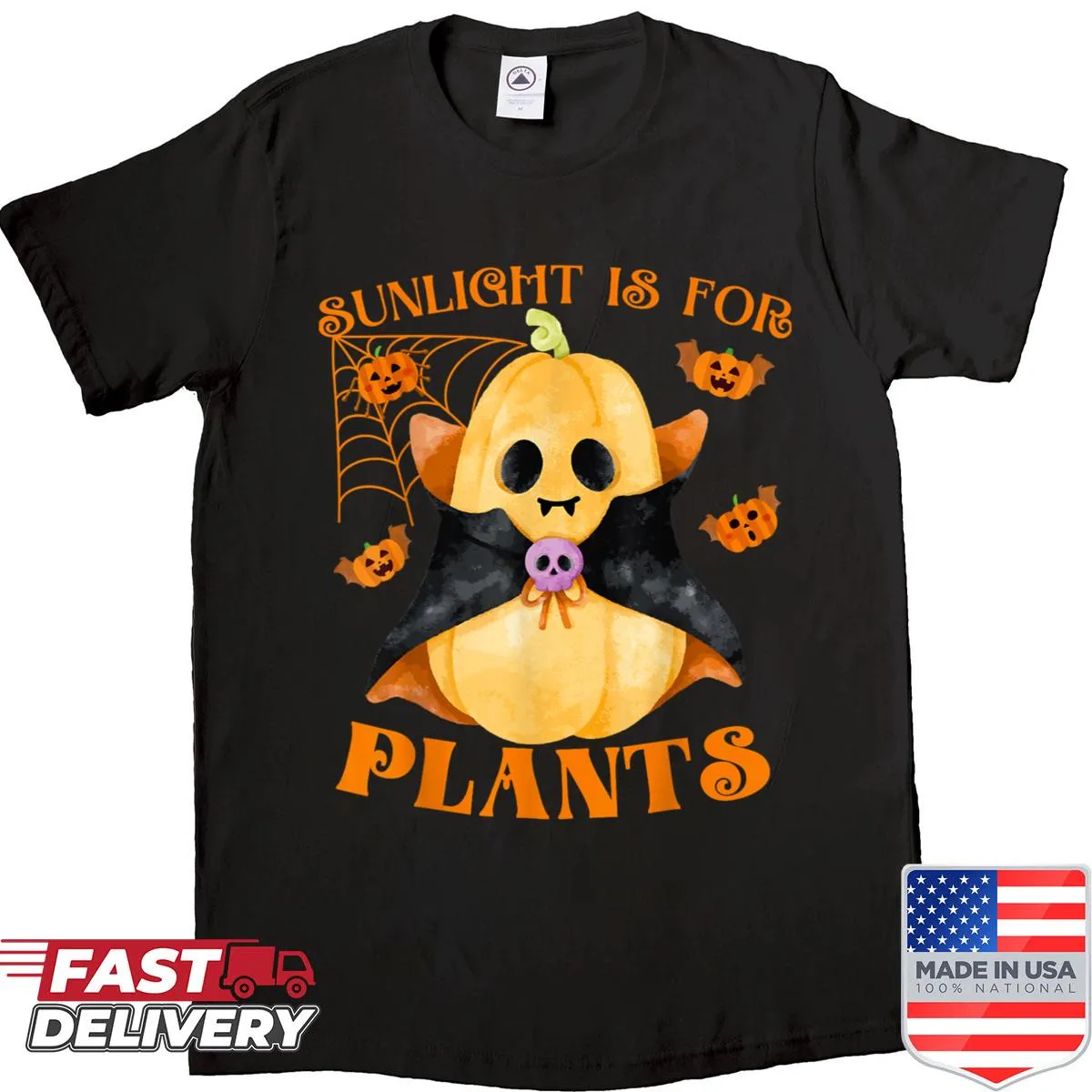 Funny Halloween shirt with pumpkins, a vampire bat, and playful text