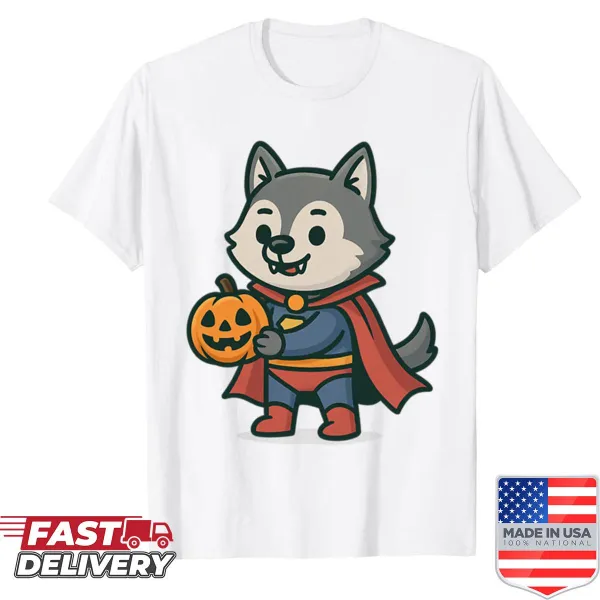 Illustration of a superhero vampire wolf with a pumpkin, blending fantasy and fun