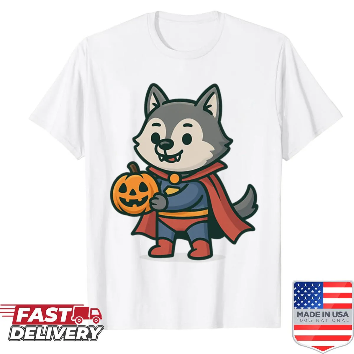Illustration of a superhero vampire wolf with a pumpkin, blending fantasy and fun