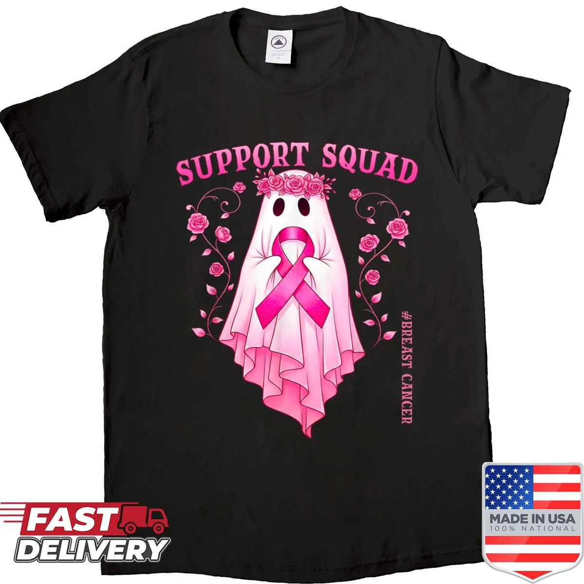 Ghost with flowers for breast cancer awareness on Halloween shirt