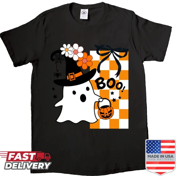 Cute shirt featuring a surprised ghost with a pumpkin and flowers