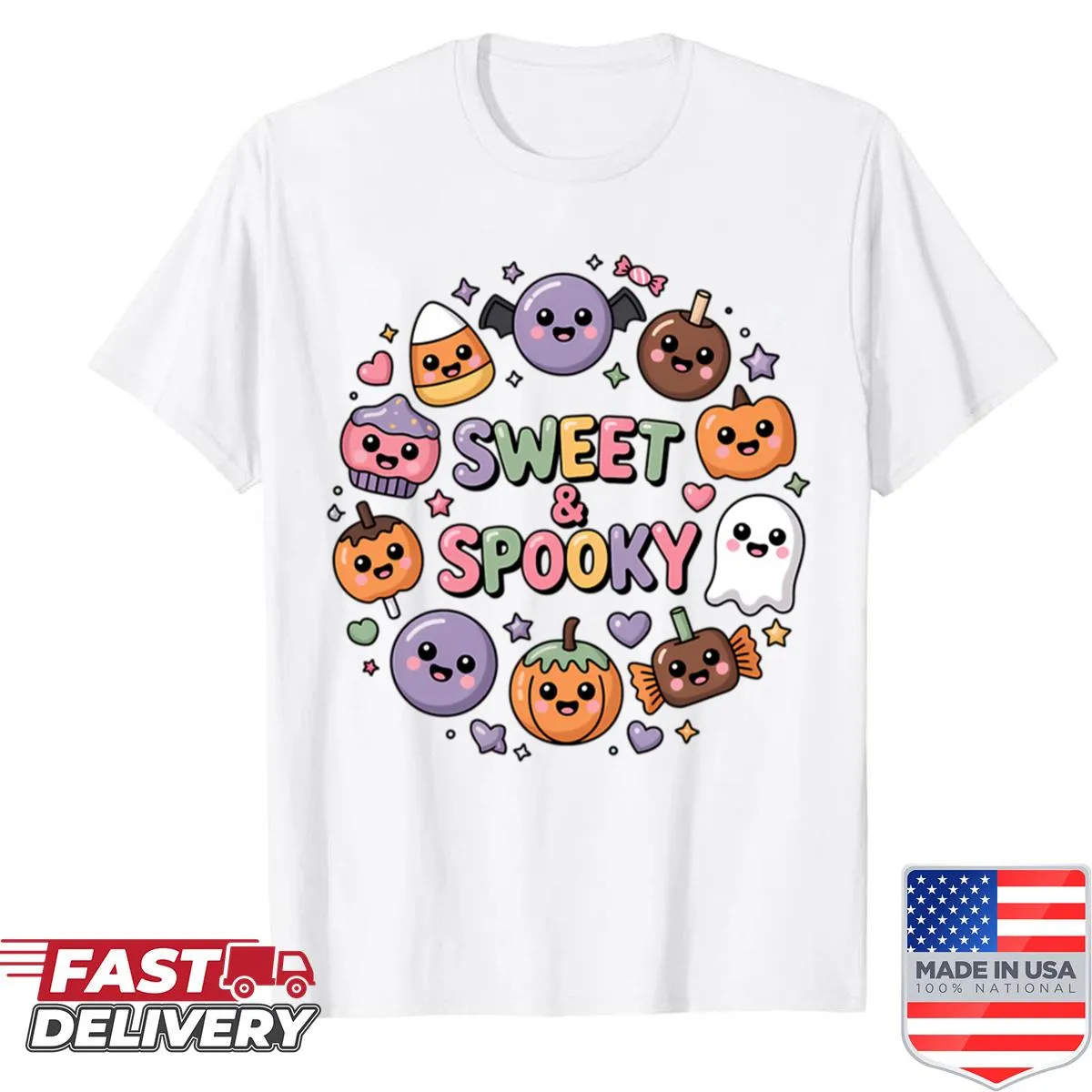 Kawaii Halloween shirt featuring cute spooky snacks in a whimsical design.
