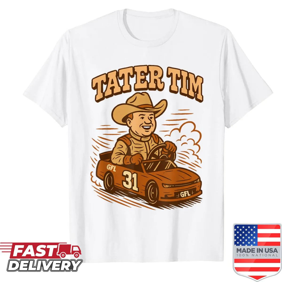 Tater Tim cartoon race car driver graphic on a shirt