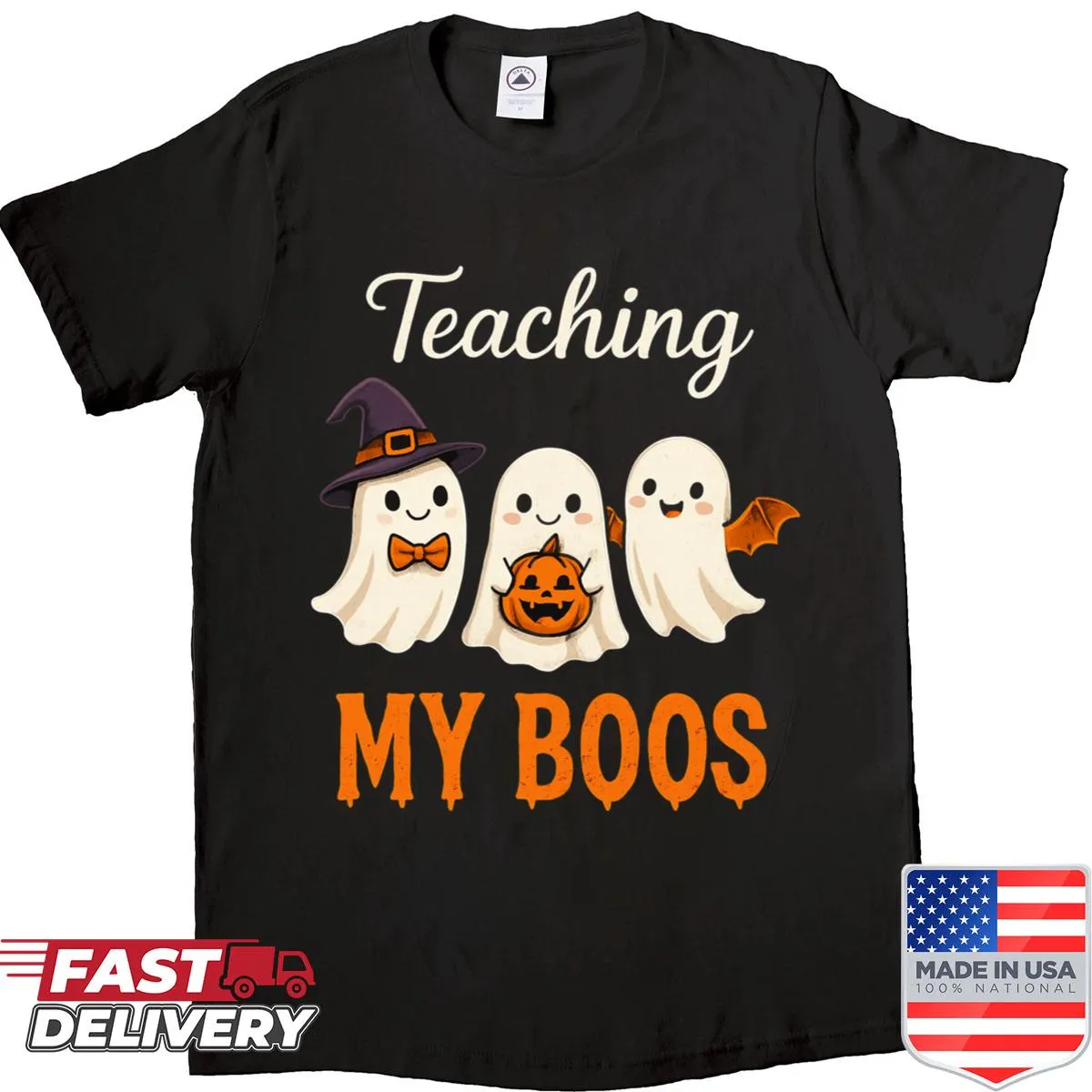 Funny Halloween teacher shirt with ghost design and text.
