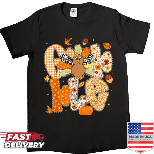 Thanksgiving shirt with a turkey and autumn leaves illustration