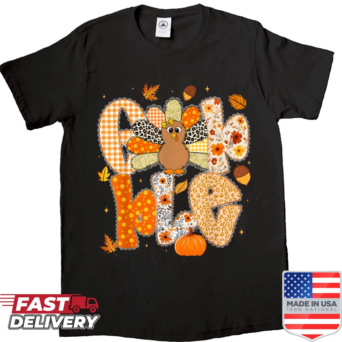 Thanksgiving shirt with a turkey and autumn leaves illustration