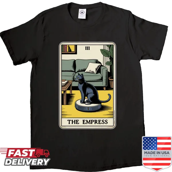 T-shirt featuring a cat robot vacuum inspired by tarot