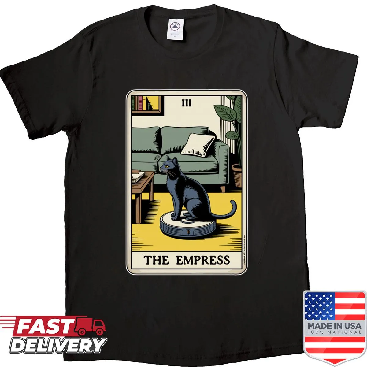 T-shirt featuring a cat robot vacuum inspired by tarot