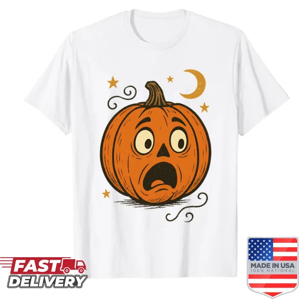Cartoon scared pumpkin graphic on Halloween shirt