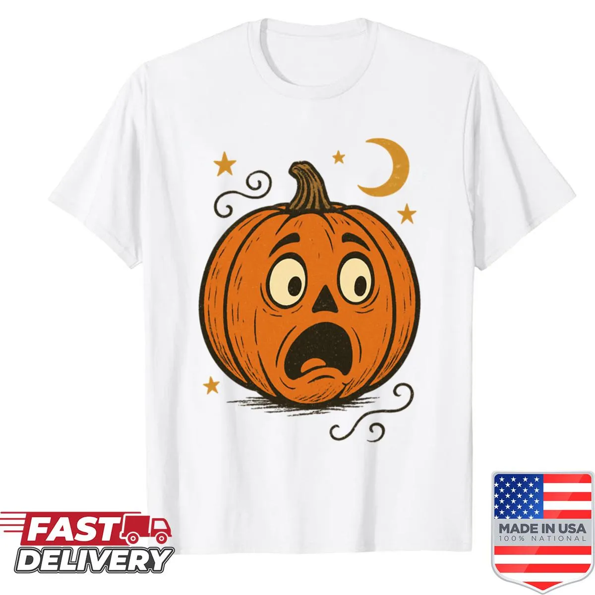 Cartoon scared pumpkin graphic on Halloween shirt