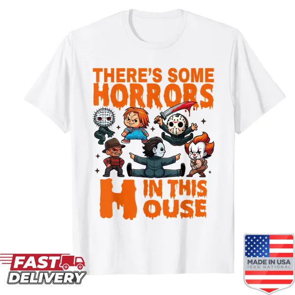 Funny Halloween shirt with a humorous illustration about house horrors.