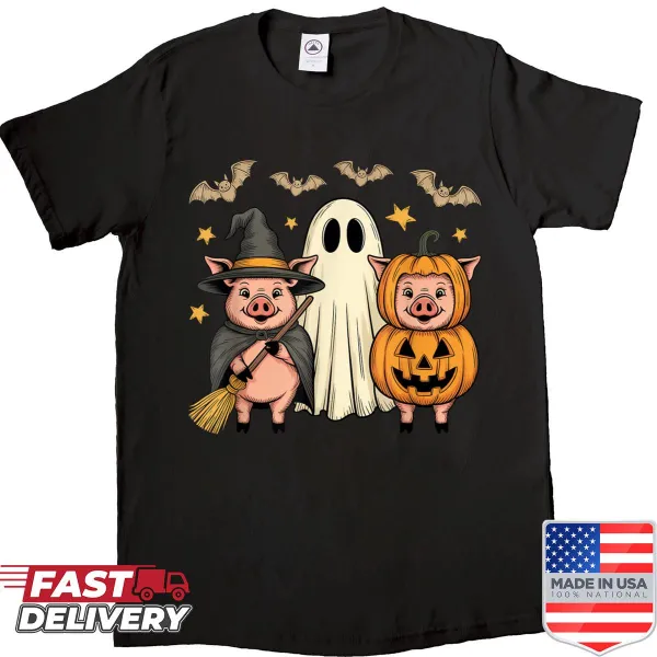 Shirt with three pigs in Halloween costumes and pumpkins