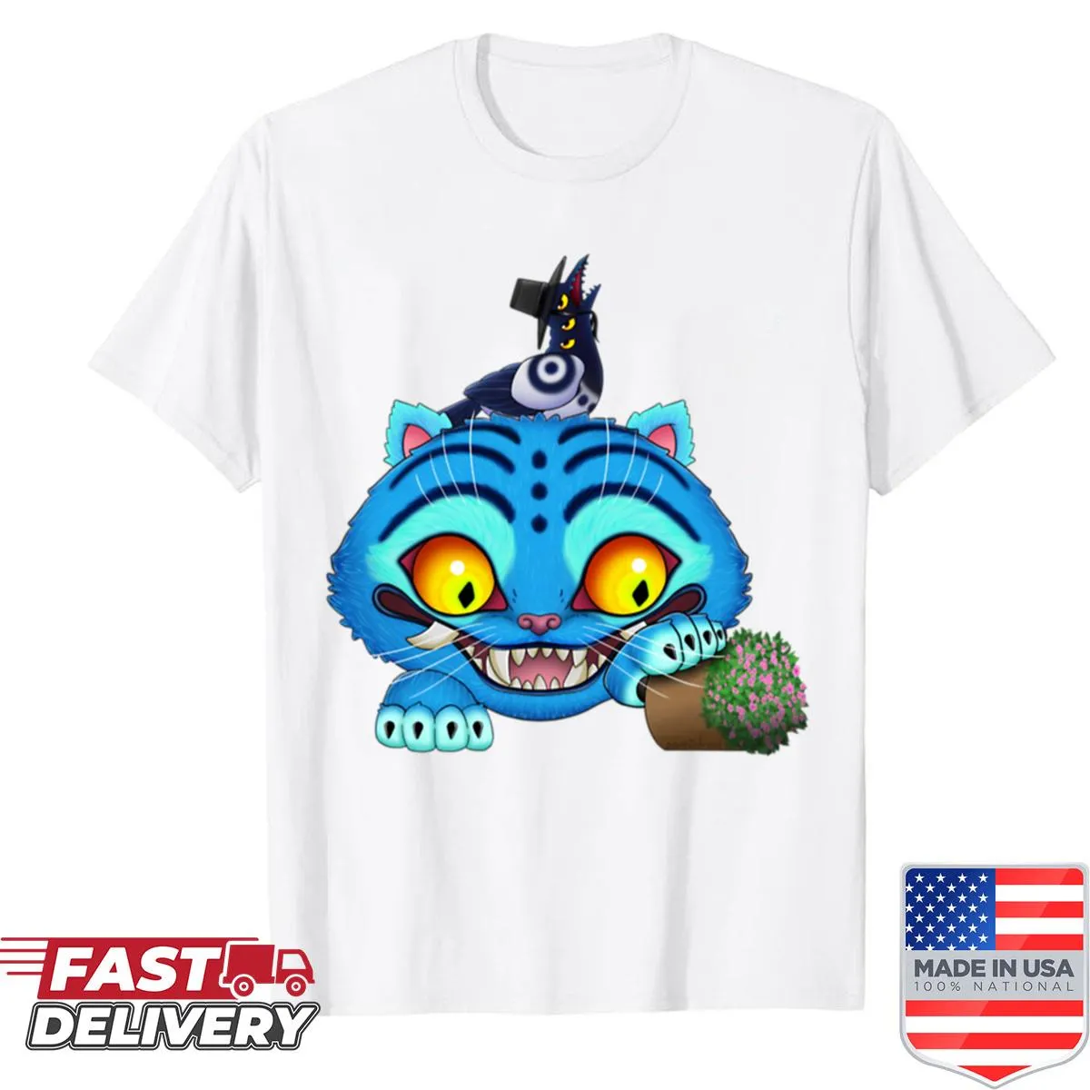 Kpop-inspired shirt featuring a tiger, bird, and vase illustration