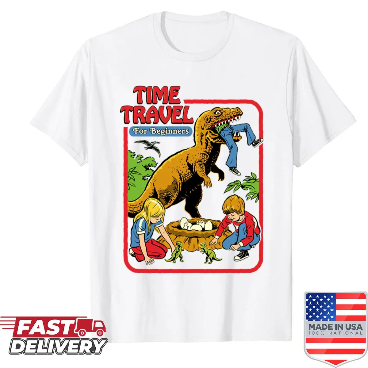 Creative Time Travel For Beginners shirt with whimsical illustrations.