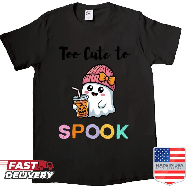 Cute Halloween shirt with 'Too Cute To Spook' text and playful graphics