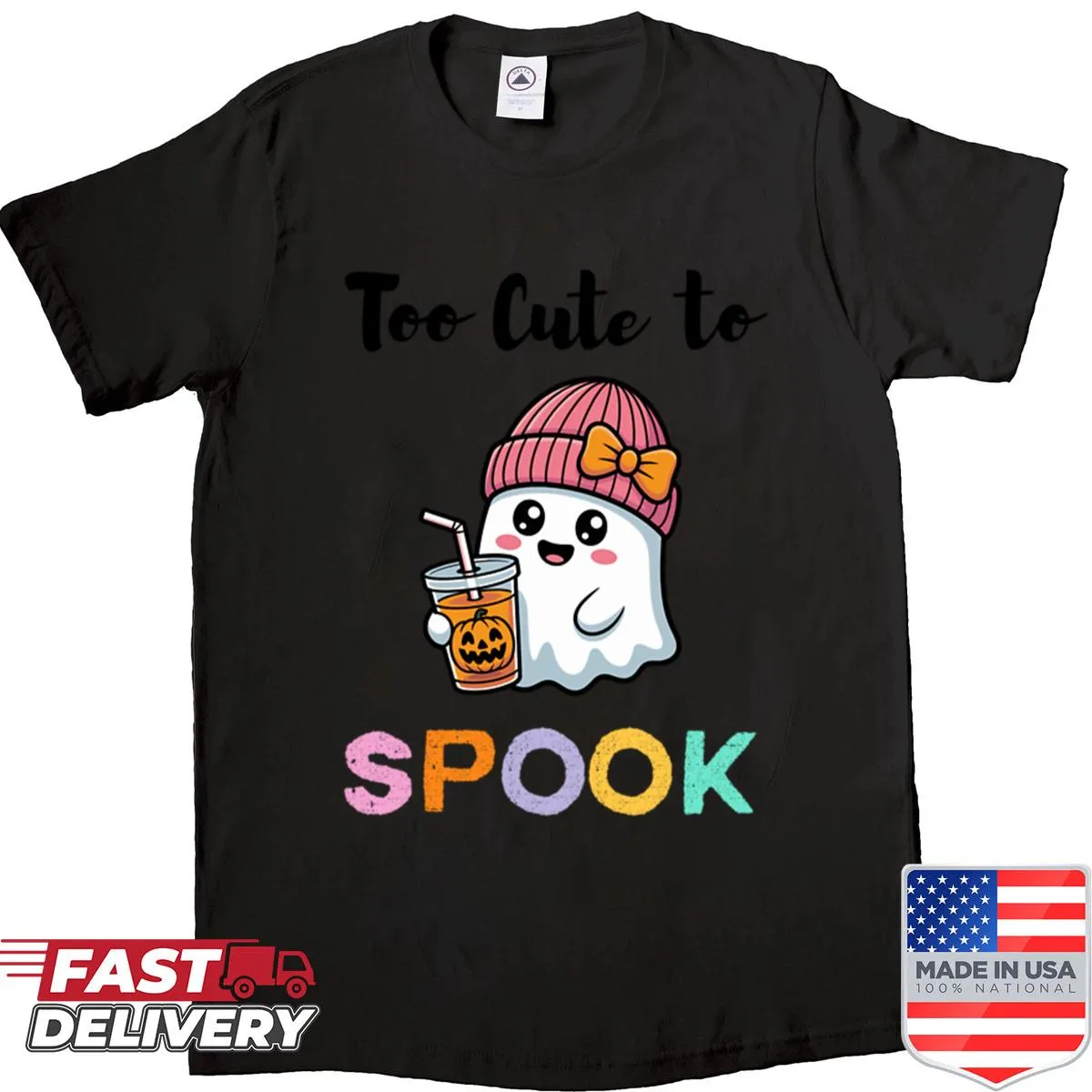 Cute Halloween shirt with 'Too Cute To Spook' text and playful graphics